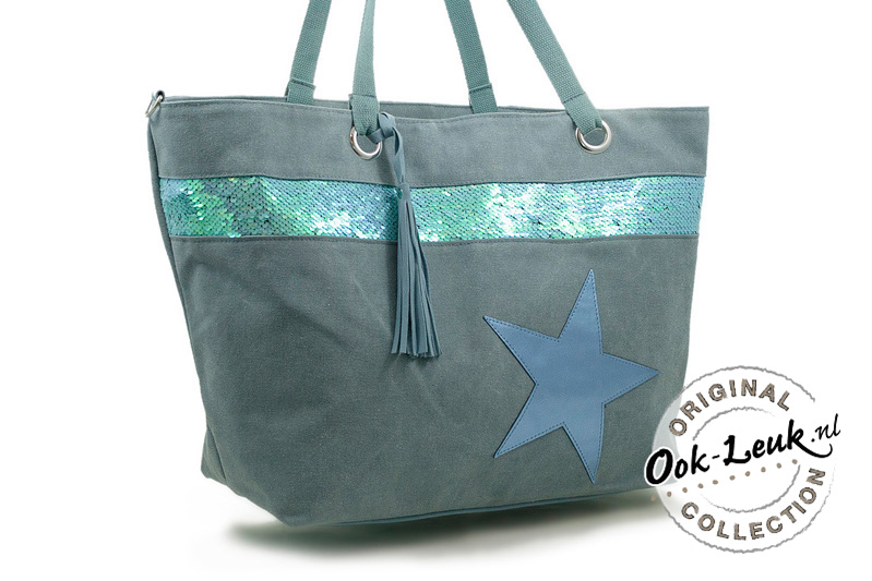Ook leuk Stoere turquoise canvas shopper Salou XL