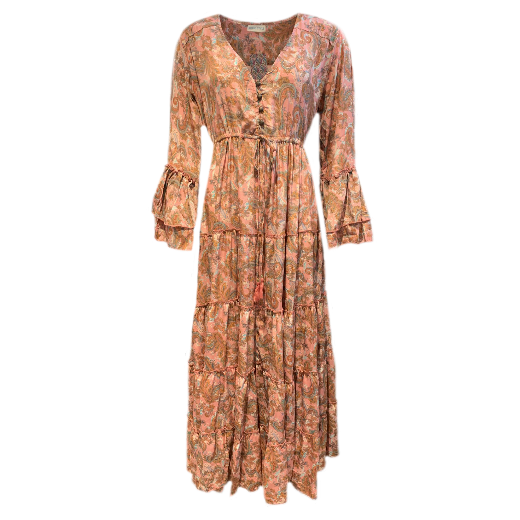 Maxi Ibiza Jurk Lombok bohemian zijde zalmroze print
